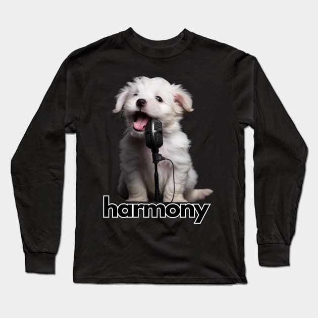 Cute White Puppy Singing Long Sleeve T-Shirt by NatashaCuteShop